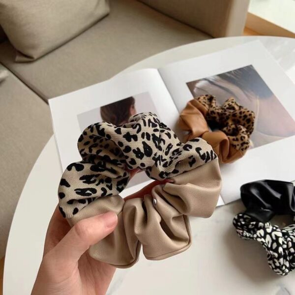 Leopard Print Leather Stitching New Color Block Large Intestine Hair Ring - Image 4