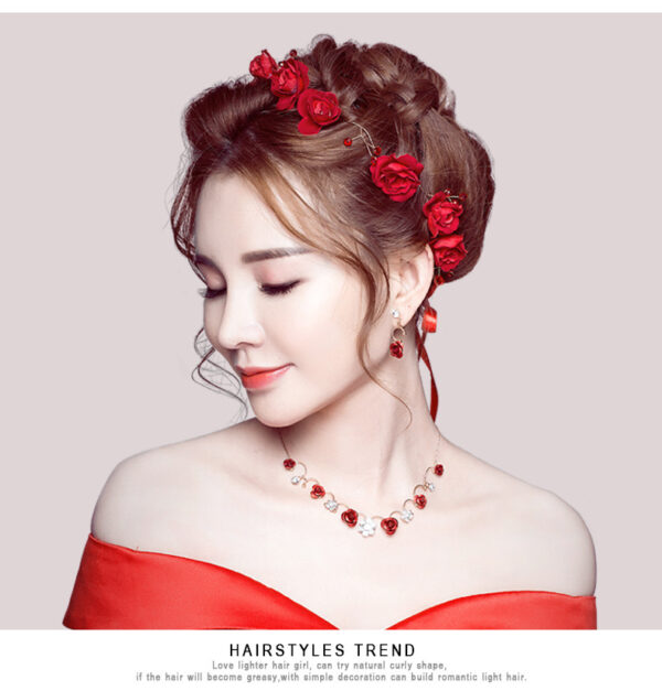 New Korean bridal jewelry necklace, earring, red rose necklace set, Wedding Toasting dress, accessories - Image 2