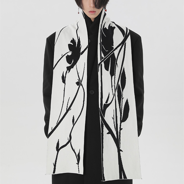 Original Hand-painted Black And White Thorn Rose Winter Neck Warmer Dehaired Angora Couple Scarf - Image 4